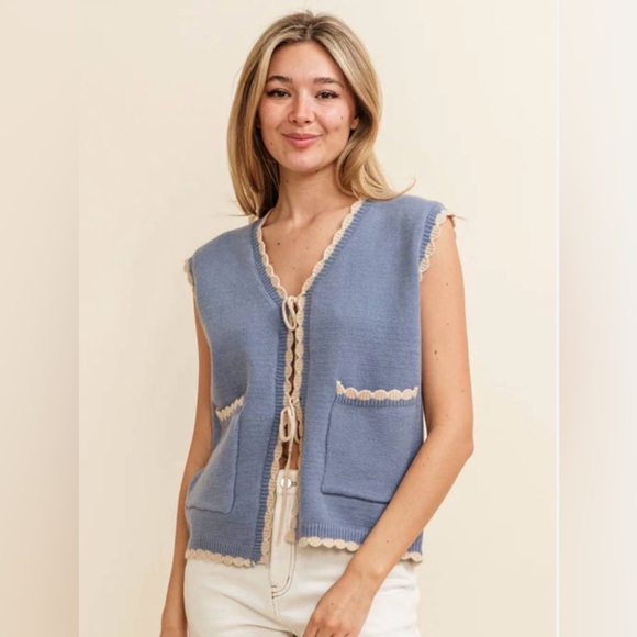 Tops - A295. Blue and Cream Knit Bow Front Vest